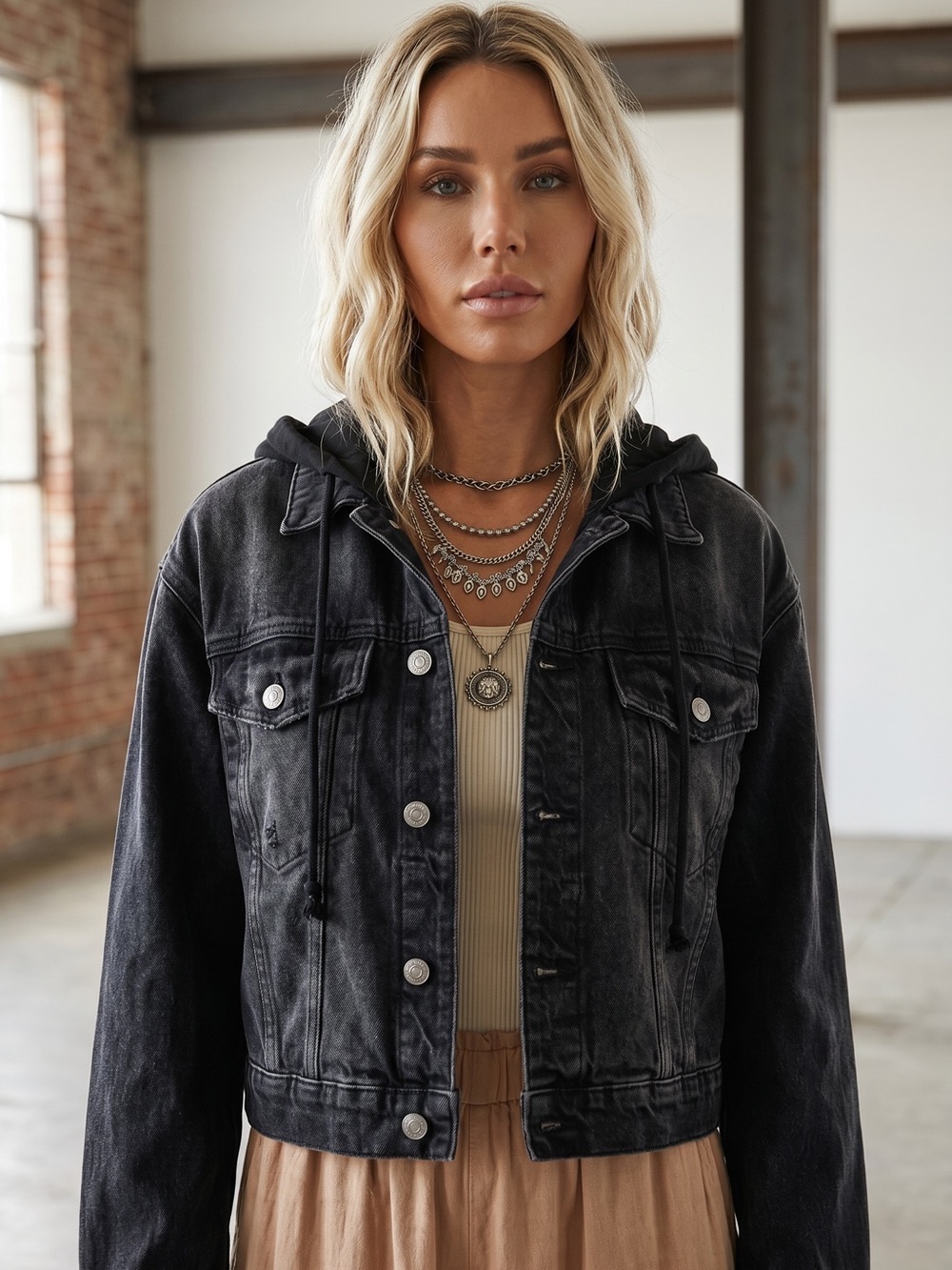 We The Free by Free People Black Washed Hooded Denim Jacket Jean Hoodie - Picture 2 of 8